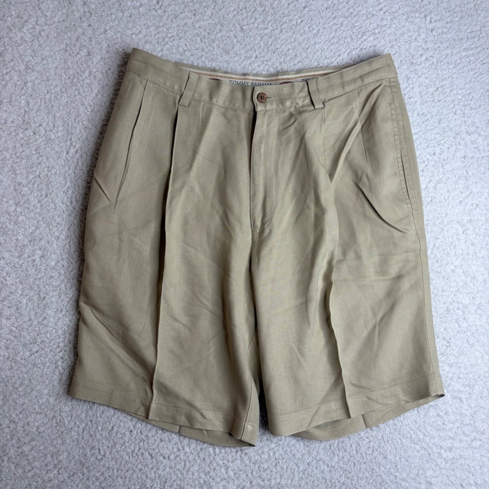 Tommy Bahama Mens 34 Tan 100% Silk Pleated Relaxed Fit Casual Shorts beach